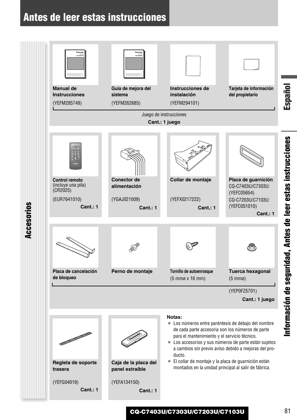 Antes de leer estas instrucciones, Español, Accesorios | Panasonic C7203U User Manual | Page 81 / 114