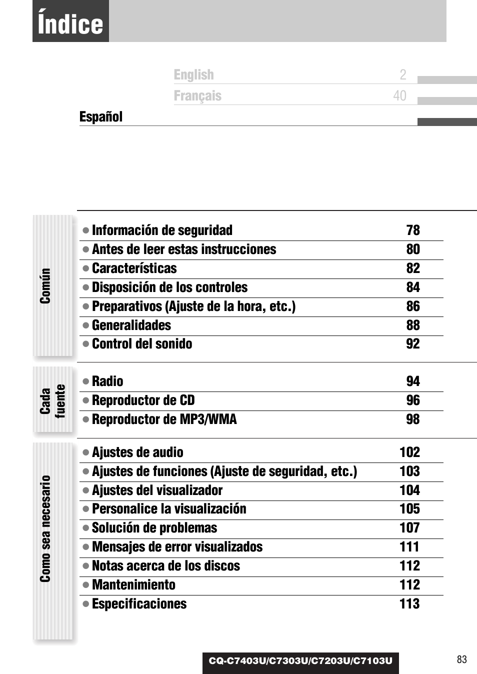 Indice, Índice | Panasonic C7203U User Manual | Page 83 / 114