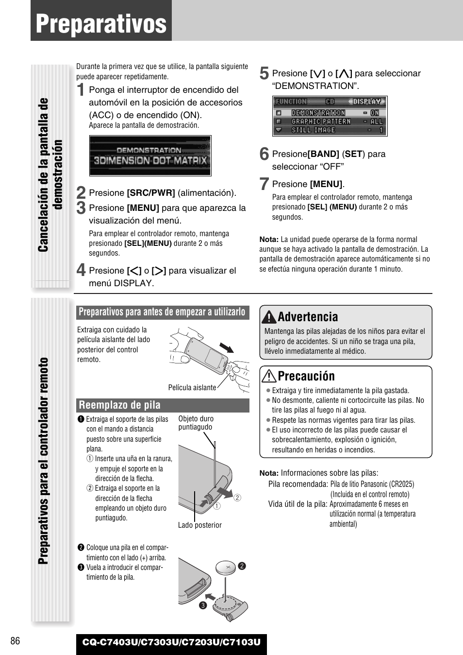 Preparativos (ajuste de la hora, etc.), Preparativos, Advertencia | Precaución | Panasonic C7203U User Manual | Page 86 / 114