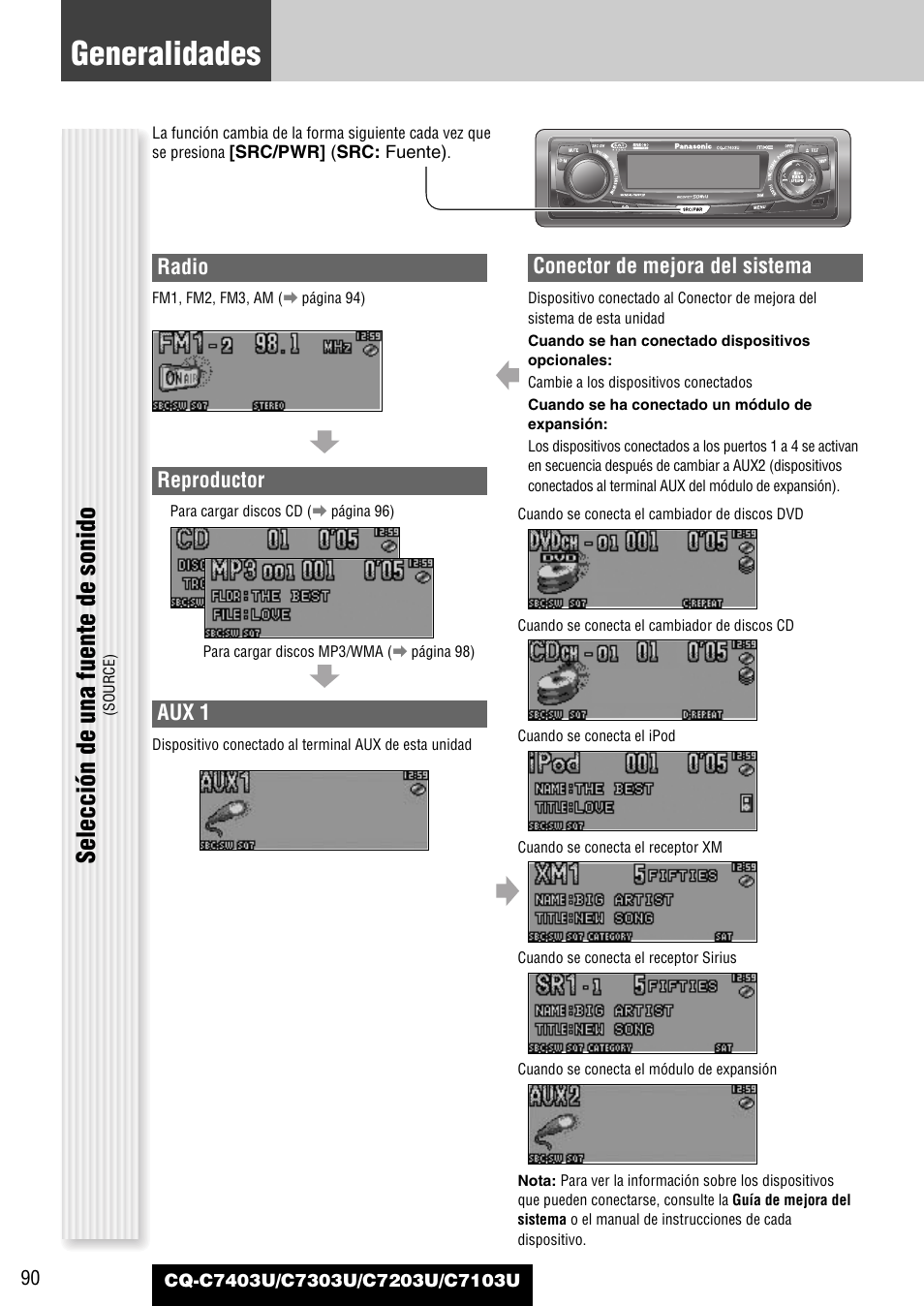 Generalidades, Selección de una fuente de sonido, Radio | Reproductor, Aux 1, Conector de mejora del sistema | Panasonic C7203U User Manual | Page 90 / 114