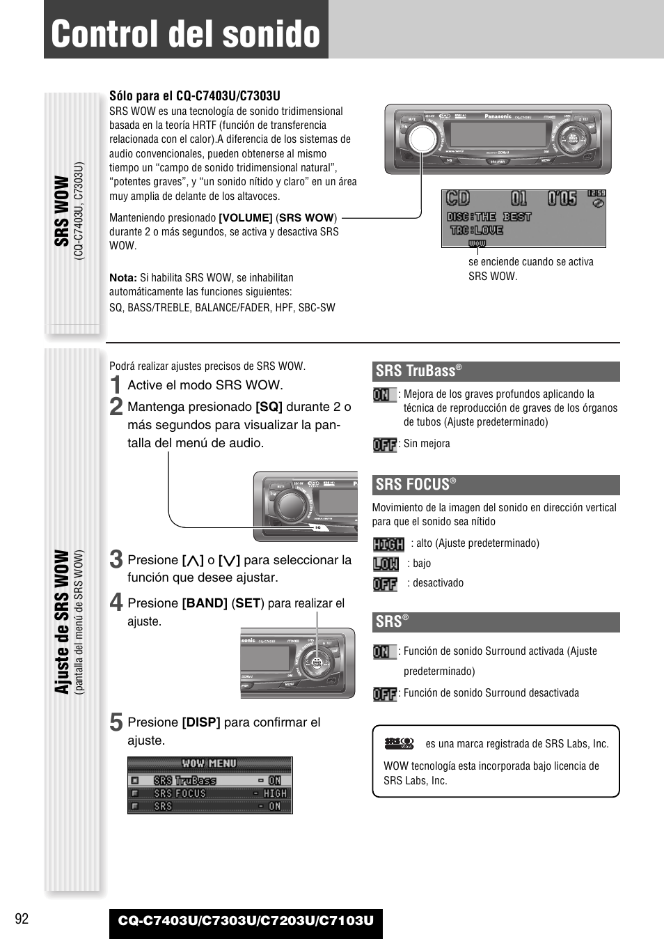 Control del sonido, Srs wow, Ajuste de srs wow | Panasonic C7203U User Manual | Page 92 / 114