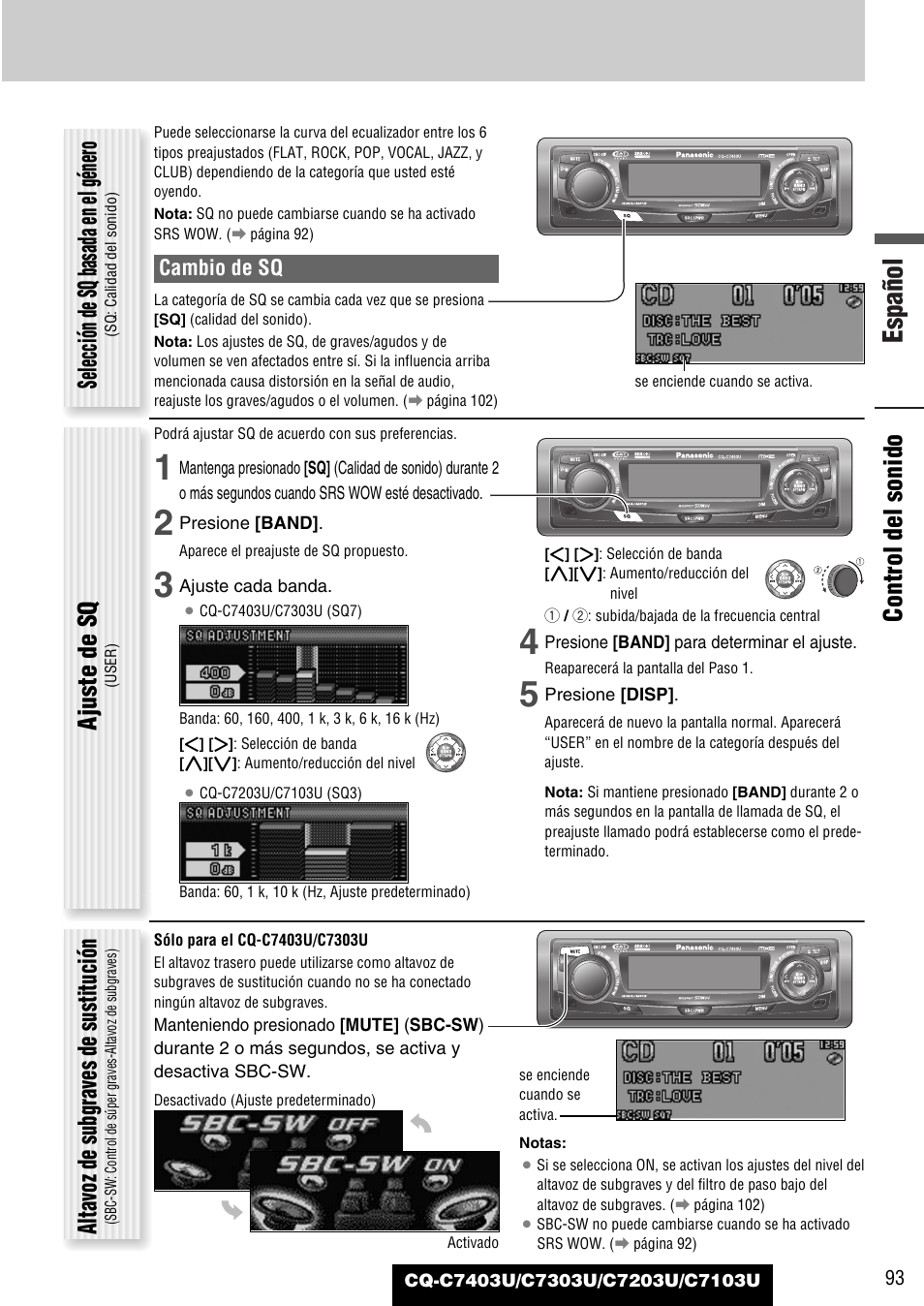 Español, Control del sonido, Selección de sq basada en el género | Ajuste de sq, Altavoz de subgraves de sustitución, Cambio de sq | Panasonic C7203U User Manual | Page 93 / 114