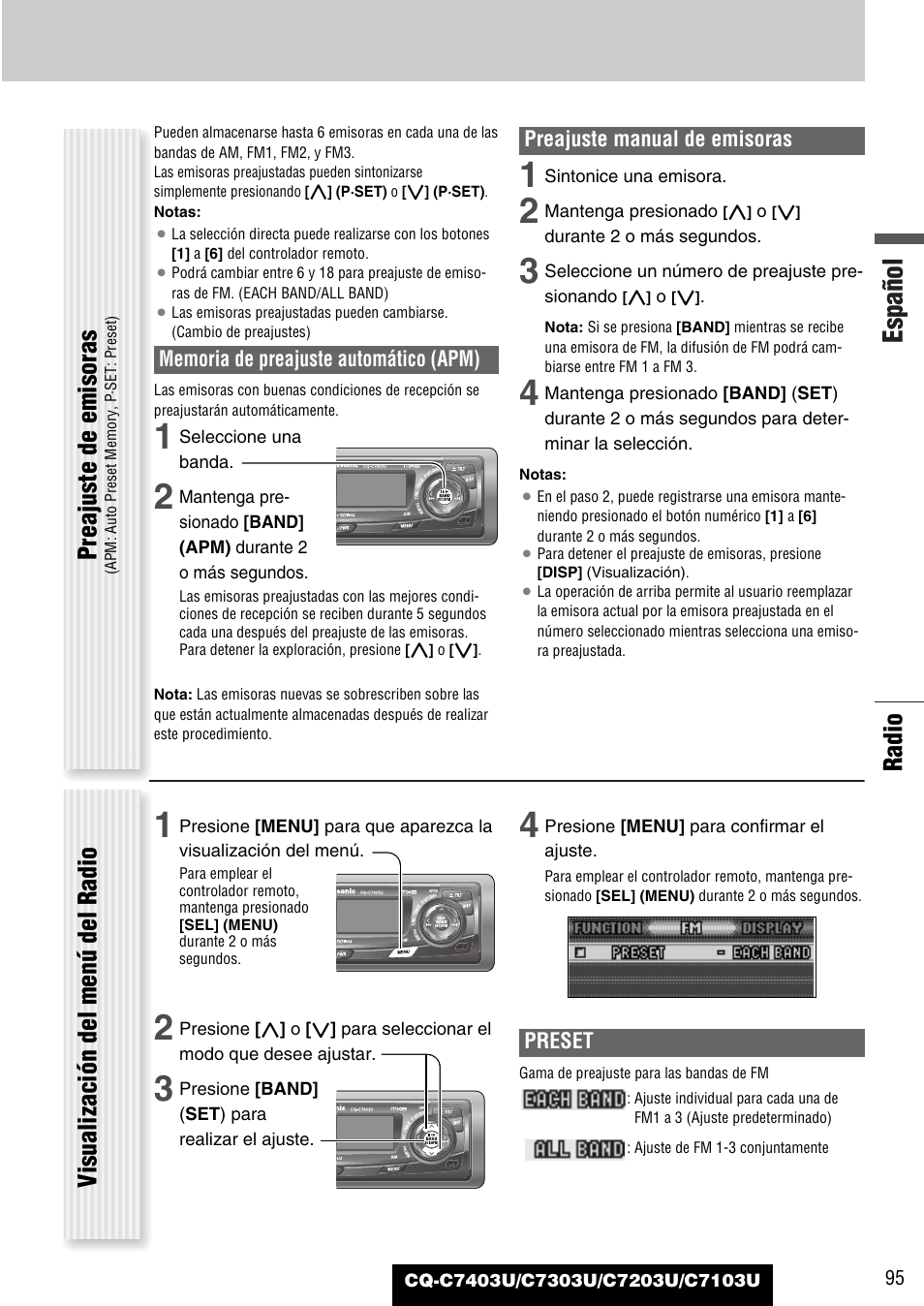 Español, Radio, Preajuste de emisoras | Visualización del menú del radio | Panasonic C7203U User Manual | Page 95 / 114