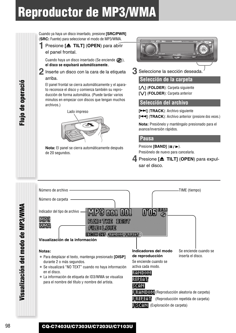 Reproductor de mp3/wma, Flujo de operació, Visualización del modo de mp3/wma | Panasonic C7203U User Manual | Page 98 / 114