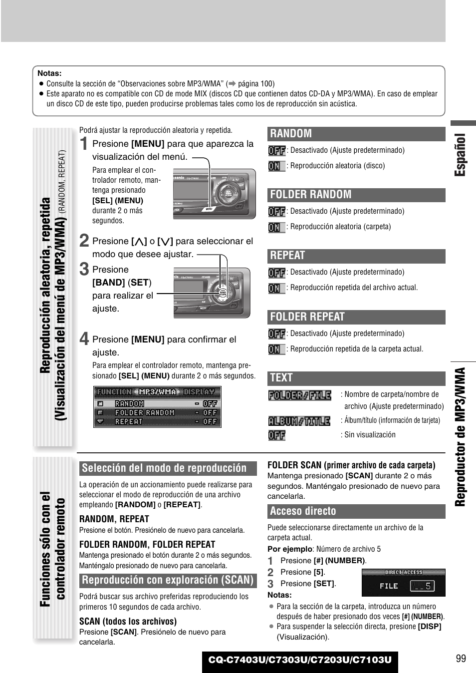 Español, Reproductor de mp3/wma, Funciones sólo con el controlador remoto | Random, Folder random, Repeat, Folder repeat, Text, Selección del modo de reproducción, Reproducción con exploración (scan) | Panasonic C7203U User Manual | Page 99 / 114