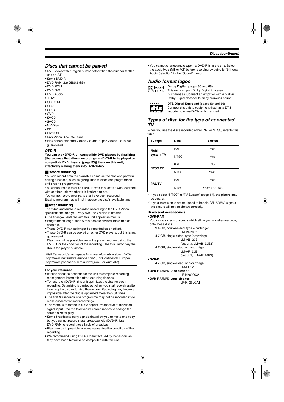 Discs that cannot be played, Audio format logos, Types of disc for the type of connected tv | Panasonic DMR-E30 User Manual | Page 10 / 76