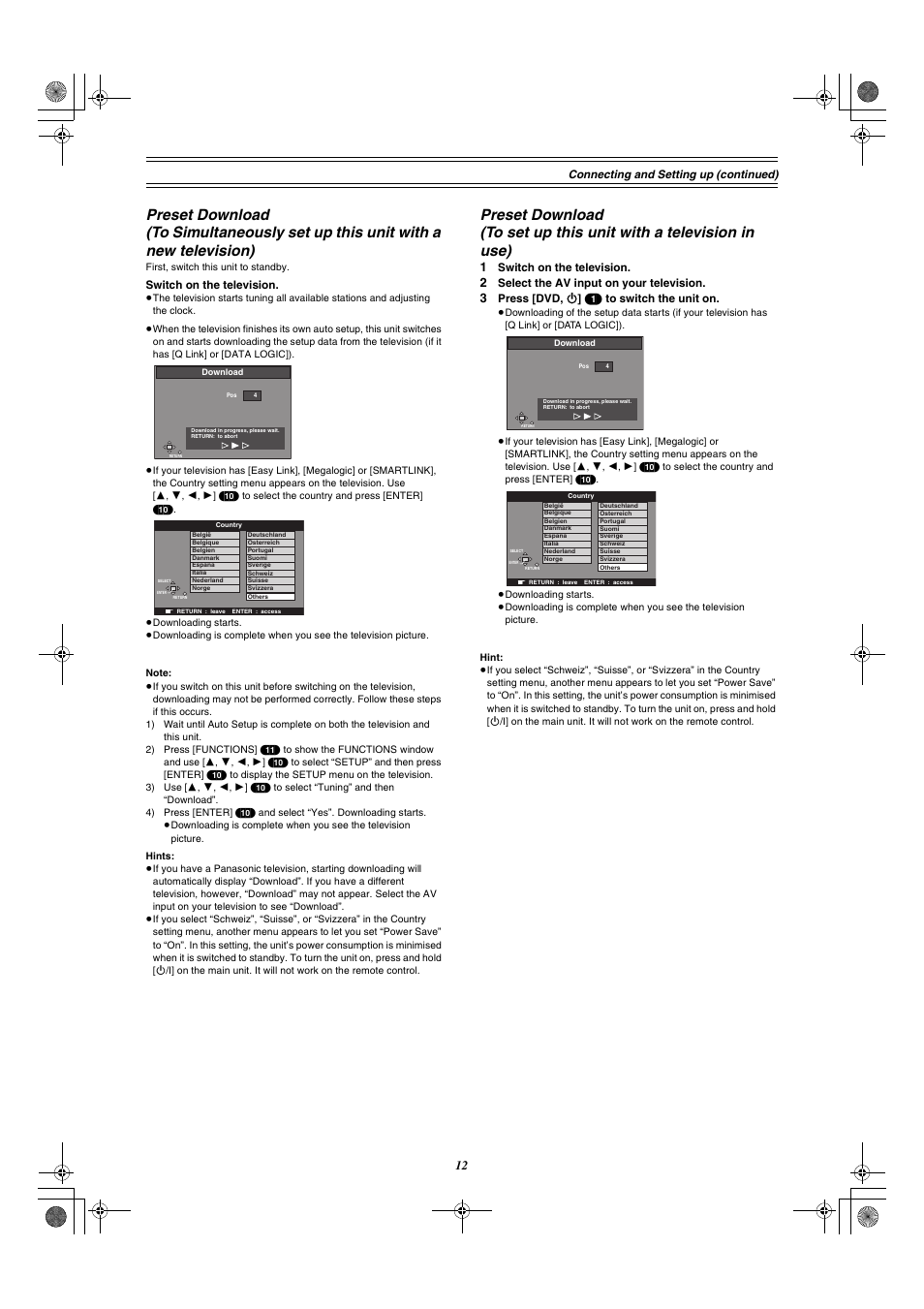 Preset download, To set up this unit with a television in use) | Panasonic DMR-E30 User Manual | Page 12 / 76