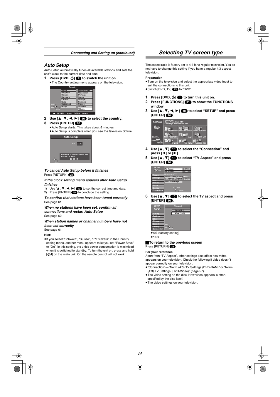 Auto setup, Selecting tv screen type | Panasonic DMR-E30 User Manual | Page 14 / 76