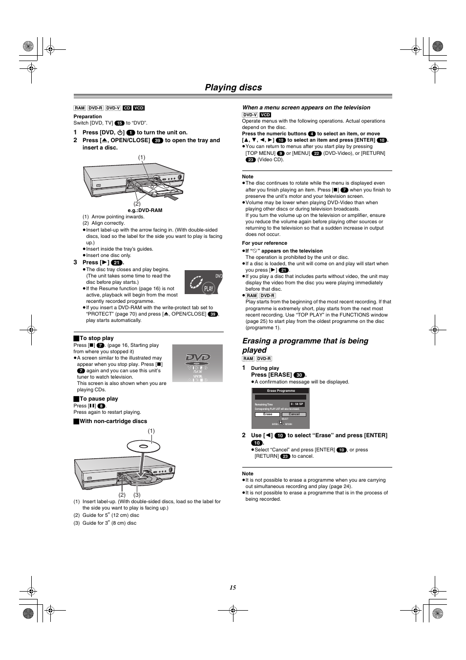 Playing discs, Erasing a programme that is being played | Panasonic DMR-E30 User Manual | Page 15 / 76