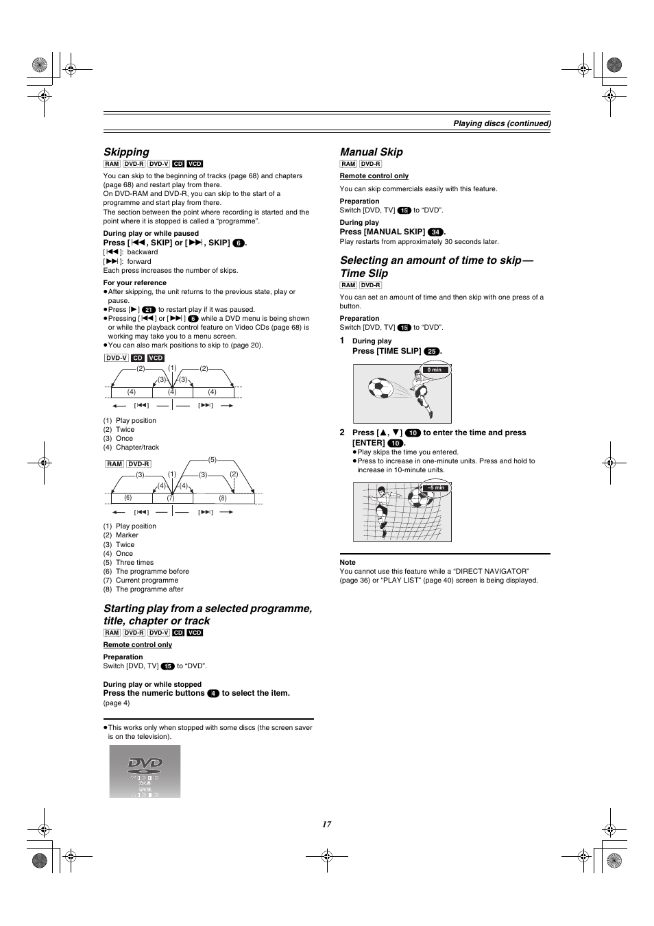 Chapter or track, Skipping, Manual skip | Selecting an amount of time to skip — time slip | Panasonic DMR-E30 User Manual | Page 17 / 76