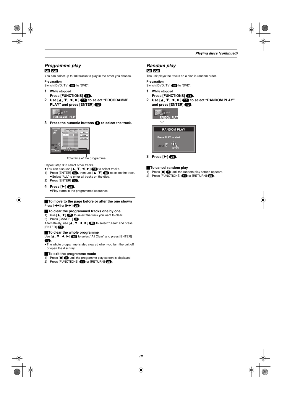 Programme play random play, Programme play, Random play | Panasonic DMR-E30 User Manual | Page 19 / 76