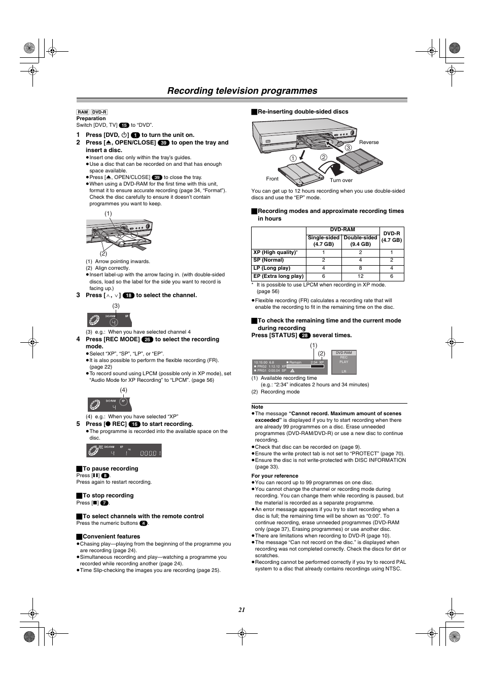 Recording television programmes | Panasonic DMR-E30 User Manual | Page 21 / 76