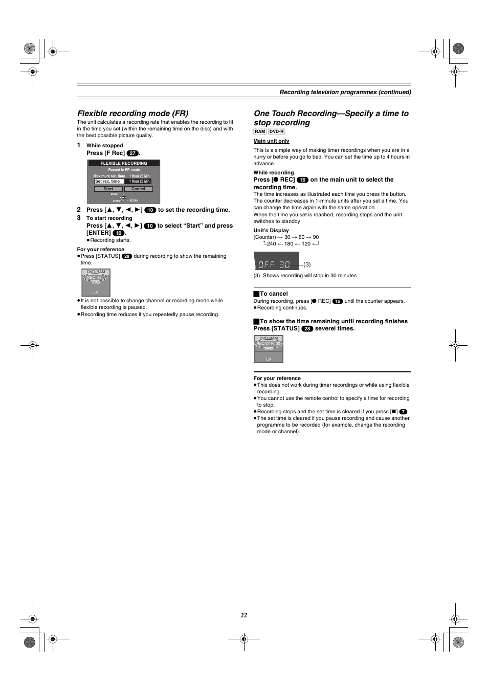 Flexible recording mode (fr) | Panasonic DMR-E30 User Manual | Page 22 / 76