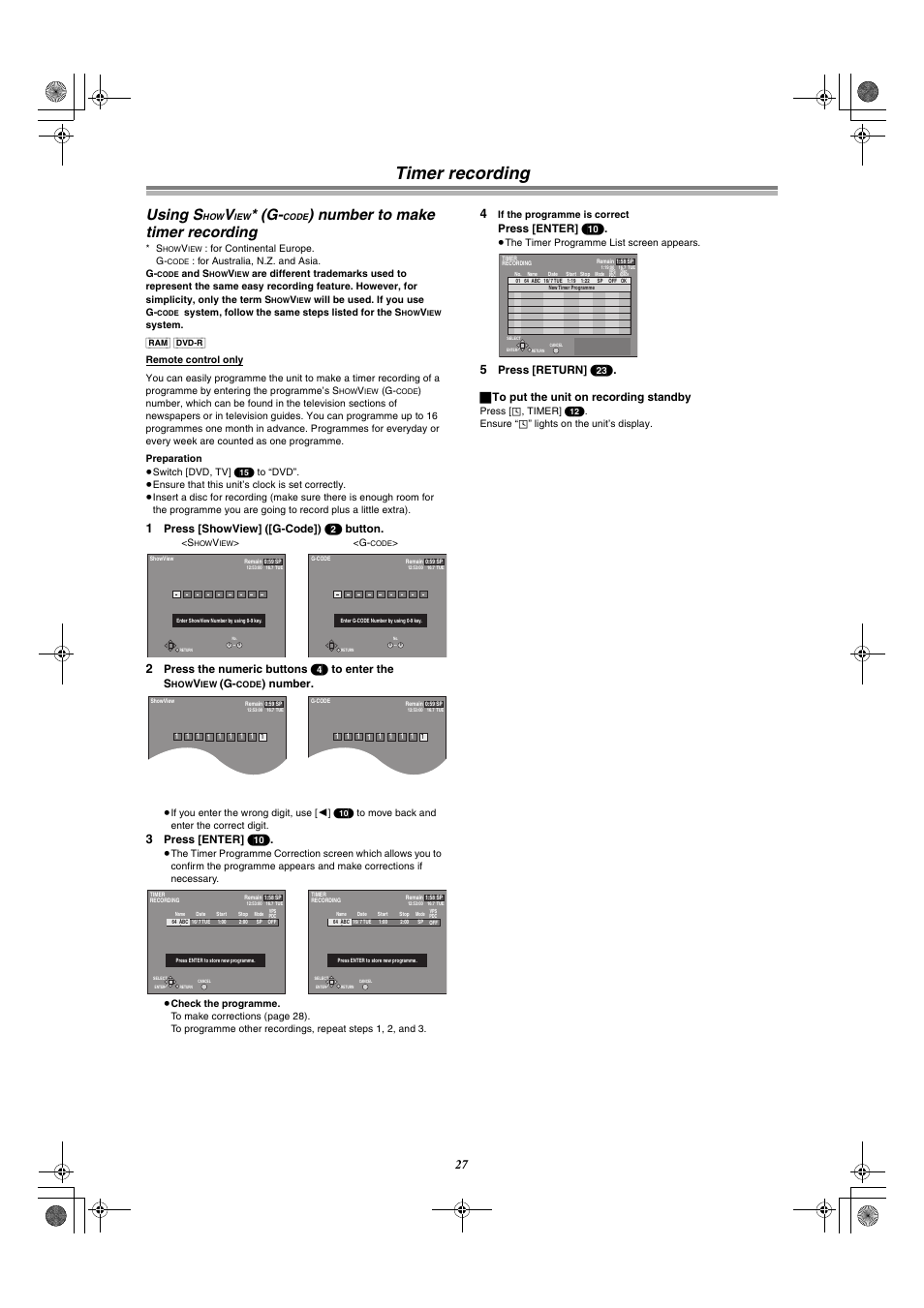 Timer recording using s, Timer recording, Using s | Number to make timer recording, Press [showview] ([g-code]) (2) button, Press the numeric buttons (4) to enter the s, Number, Press [enter] (10) | Panasonic DMR-E30 User Manual | Page 27 / 76