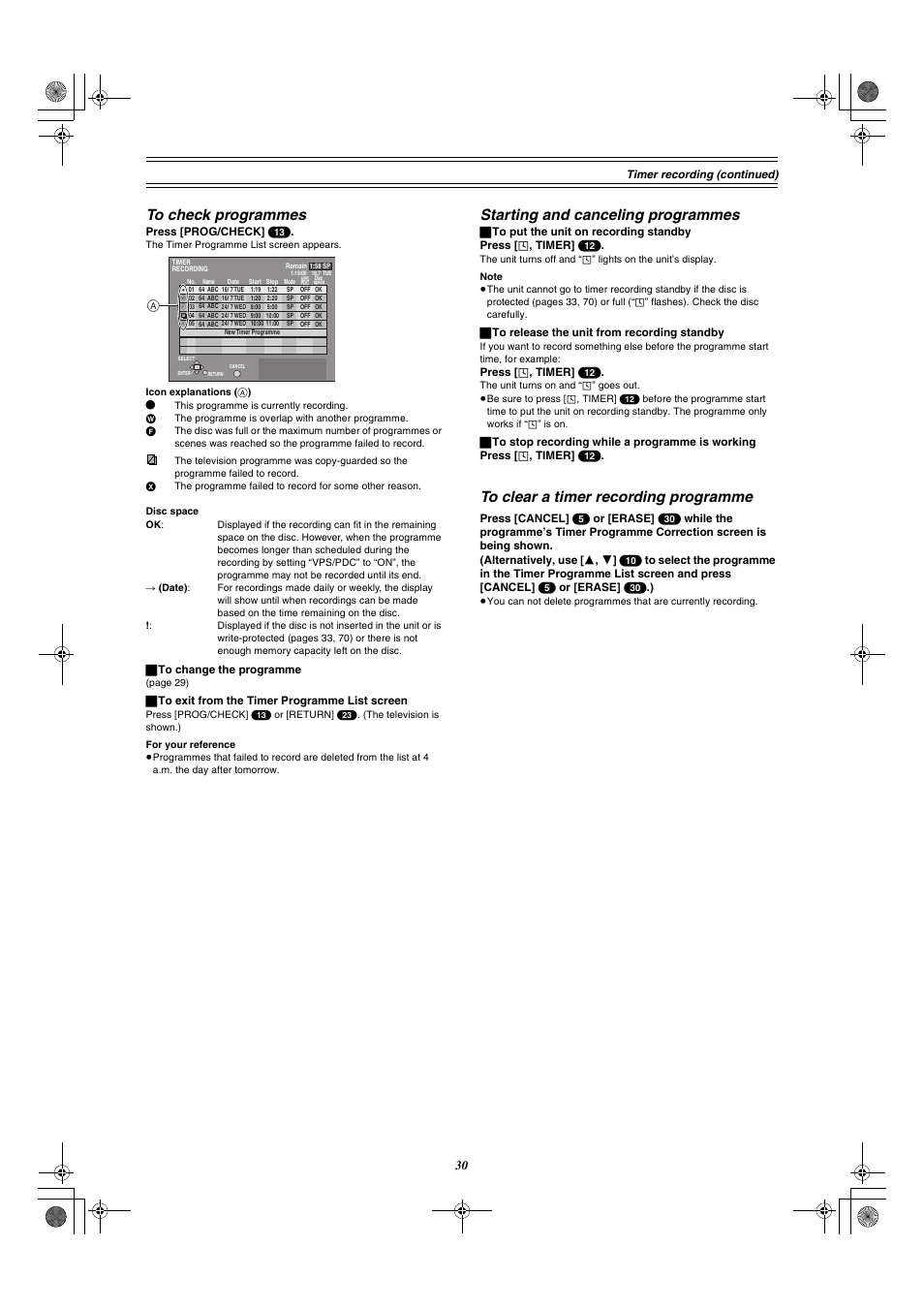 Starting and canceling programmes | Panasonic DMR-E30 User Manual | Page 30 / 76