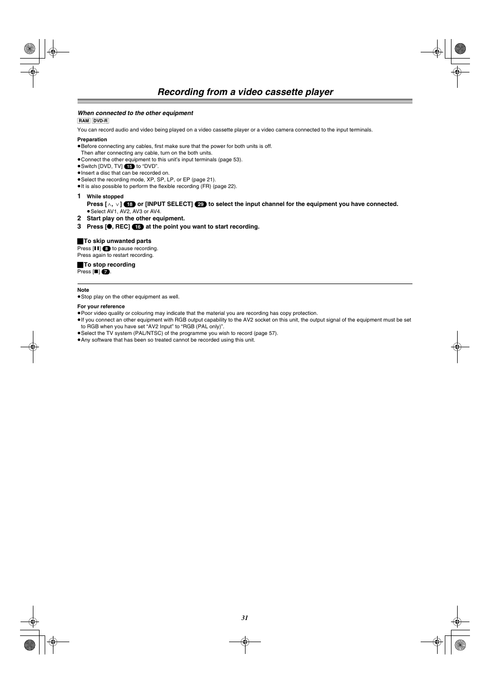 Recording from a video cassette player | Panasonic DMR-E30 User Manual | Page 31 / 76