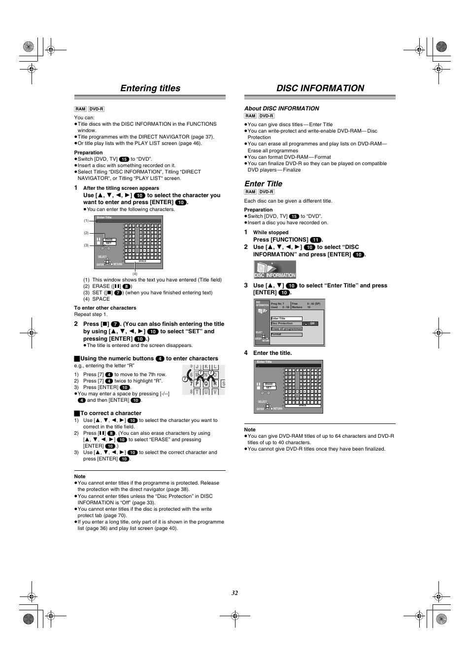 Entering titles, Disc information enter title, Age 32) | Disc information, Enter title, ª to correct a character, About disc information, Press [functions] (11), Enter the title, After the titling screen appears | Panasonic DMR-E30 User Manual | Page 32 / 76