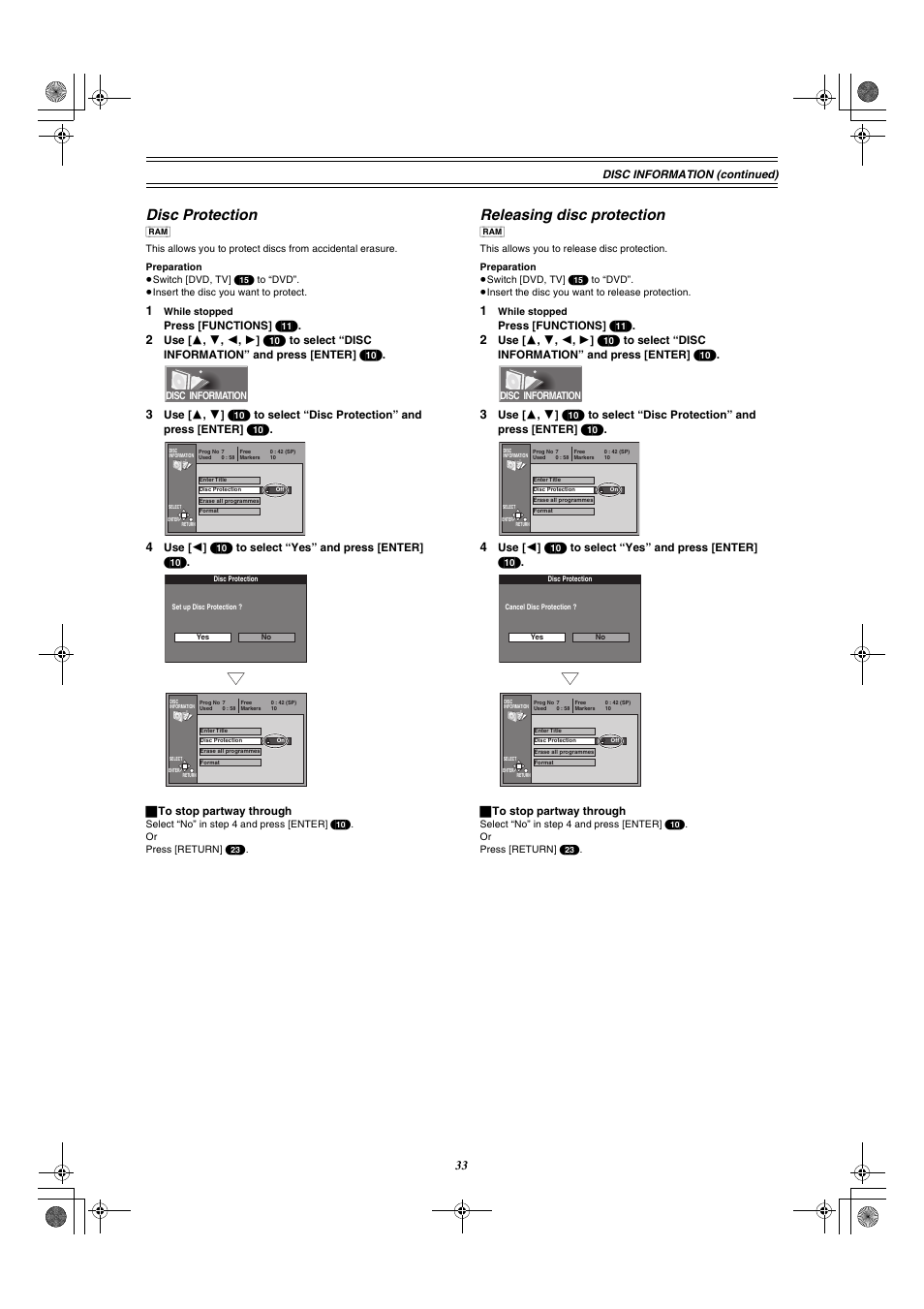 Disc protection releasing disc protection, E 33), S 33 | Disc protection, Releasing disc protection | Panasonic DMR-E30 User Manual | Page 33 / 76