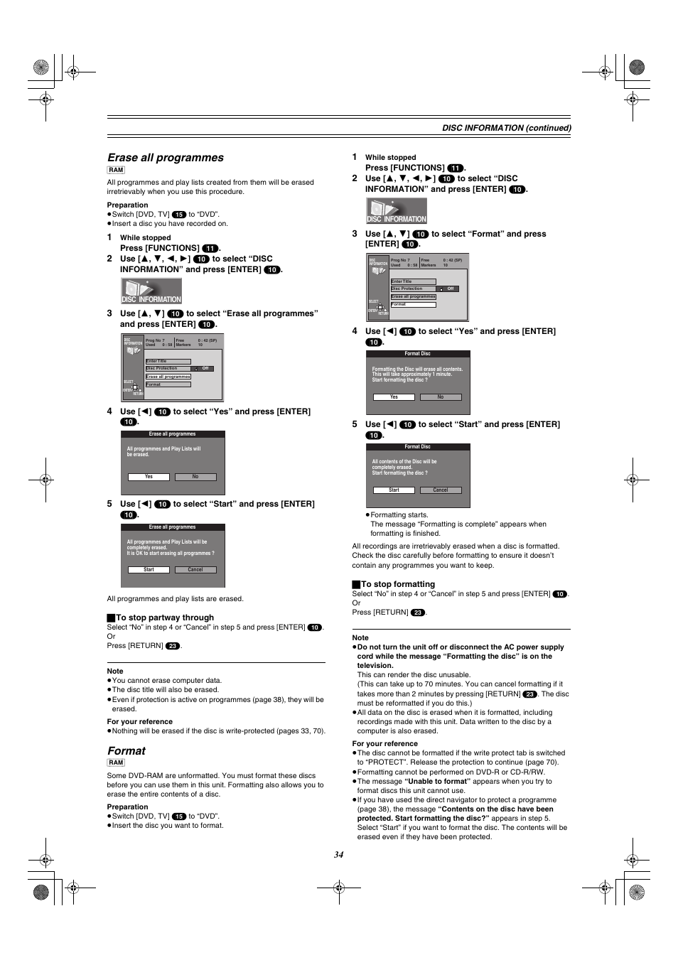 Erase all programmes format, E 34), Erase all programmes | Format | Panasonic DMR-E30 User Manual | Page 34 / 76