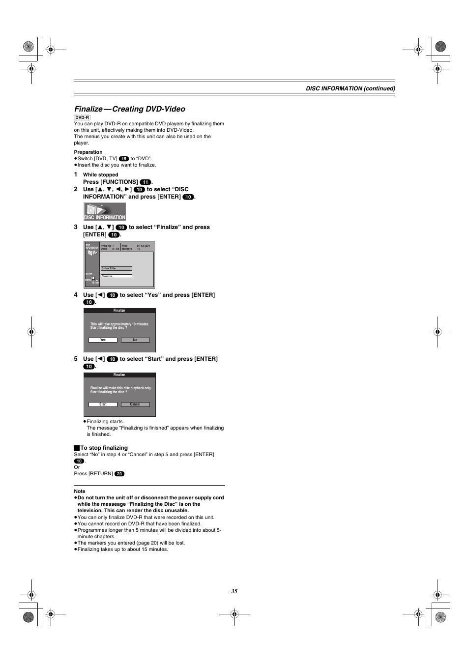 Finalize—creating dvd-video, E 35, Finalize — creating dvd-video | Panasonic DMR-E30 User Manual | Page 35 / 76