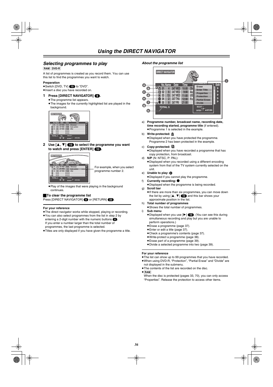 36) or “pla, Using the direct navigator, Selecting programmes to play | Edit | Panasonic DMR-E30 User Manual | Page 36 / 76