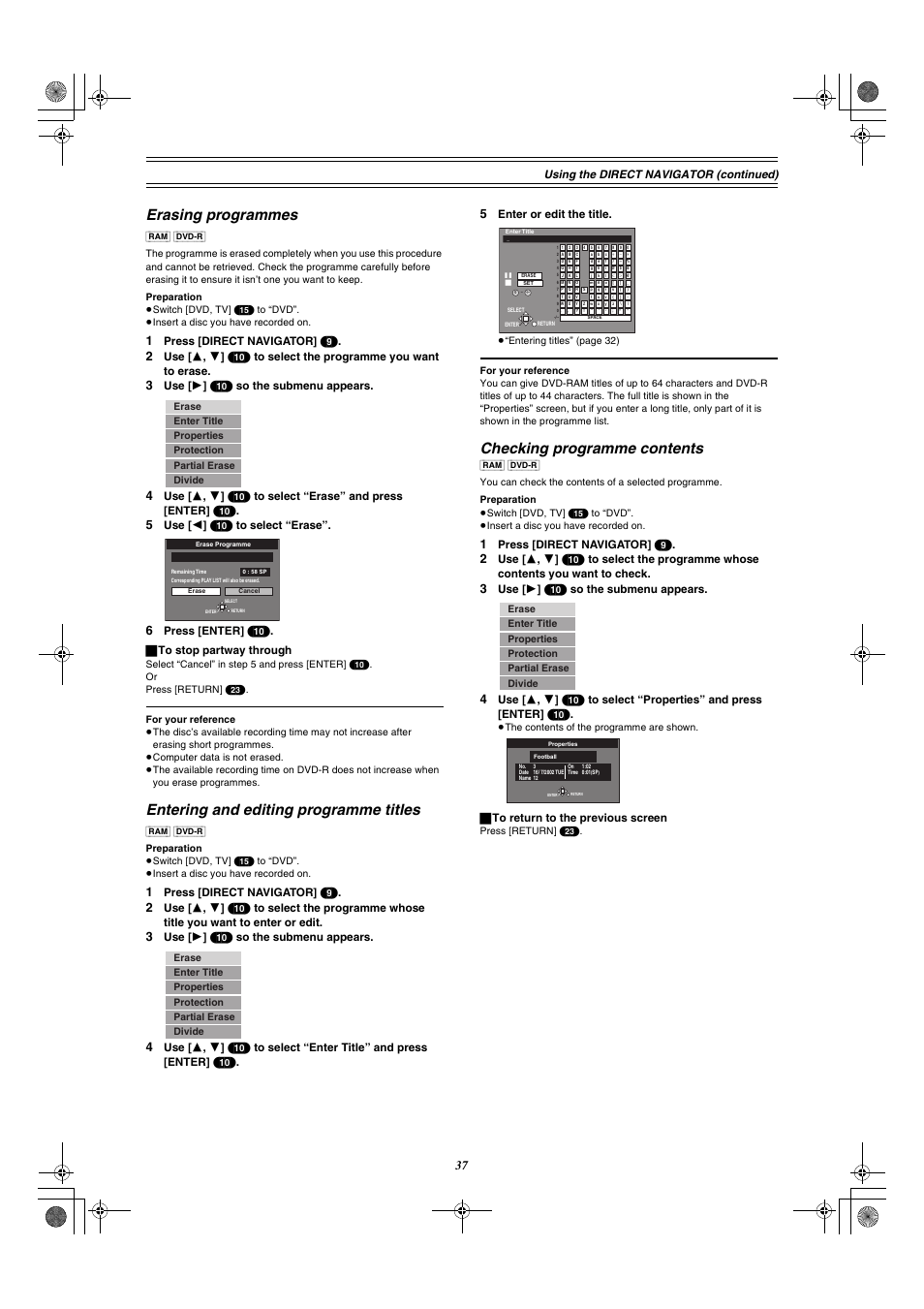 Erasing programmes, Entering and editing programme titles, Checking programme contents | Using the direct navigator (continued), Press [direct navigator] (9), Use [ 1 ] (10) so the submenu appears, Use [ 2 ] (10) to select “erase, Press [enter] (10) . ª to stop partway through, Enter or edit the title, ª to return to the previous screen | Panasonic DMR-E30 User Manual | Page 37 / 76