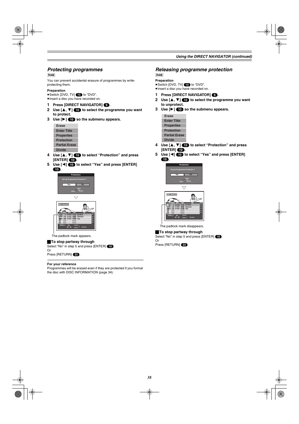 E 38), Protecting programmes, Releasing programme protection | Panasonic DMR-E30 User Manual | Page 38 / 76