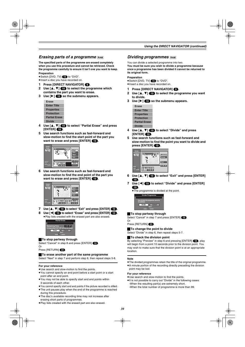 Erasing parts of a programme dividing programmes, E 39), Erasing parts of a programme | Dividing programmes | Panasonic DMR-E30 User Manual | Page 39 / 76