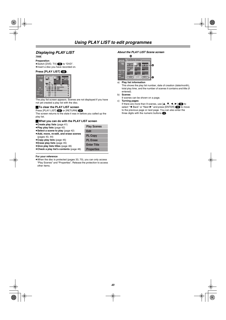 40) sc, Using play list to edit programmes, Displaying play list | Press [play list] (22), ª to clear the play list screen, ª what you can do with the play list screen, About the play list scene screen | Panasonic DMR-E30 User Manual | Page 40 / 76