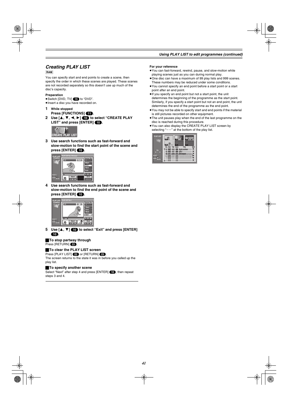 Creating play list, Using play list to edit programmes (continued), Press [functions] (11) | ª to clear the play list screen, ª to specify another scene | Panasonic DMR-E30 User Manual | Page 41 / 76