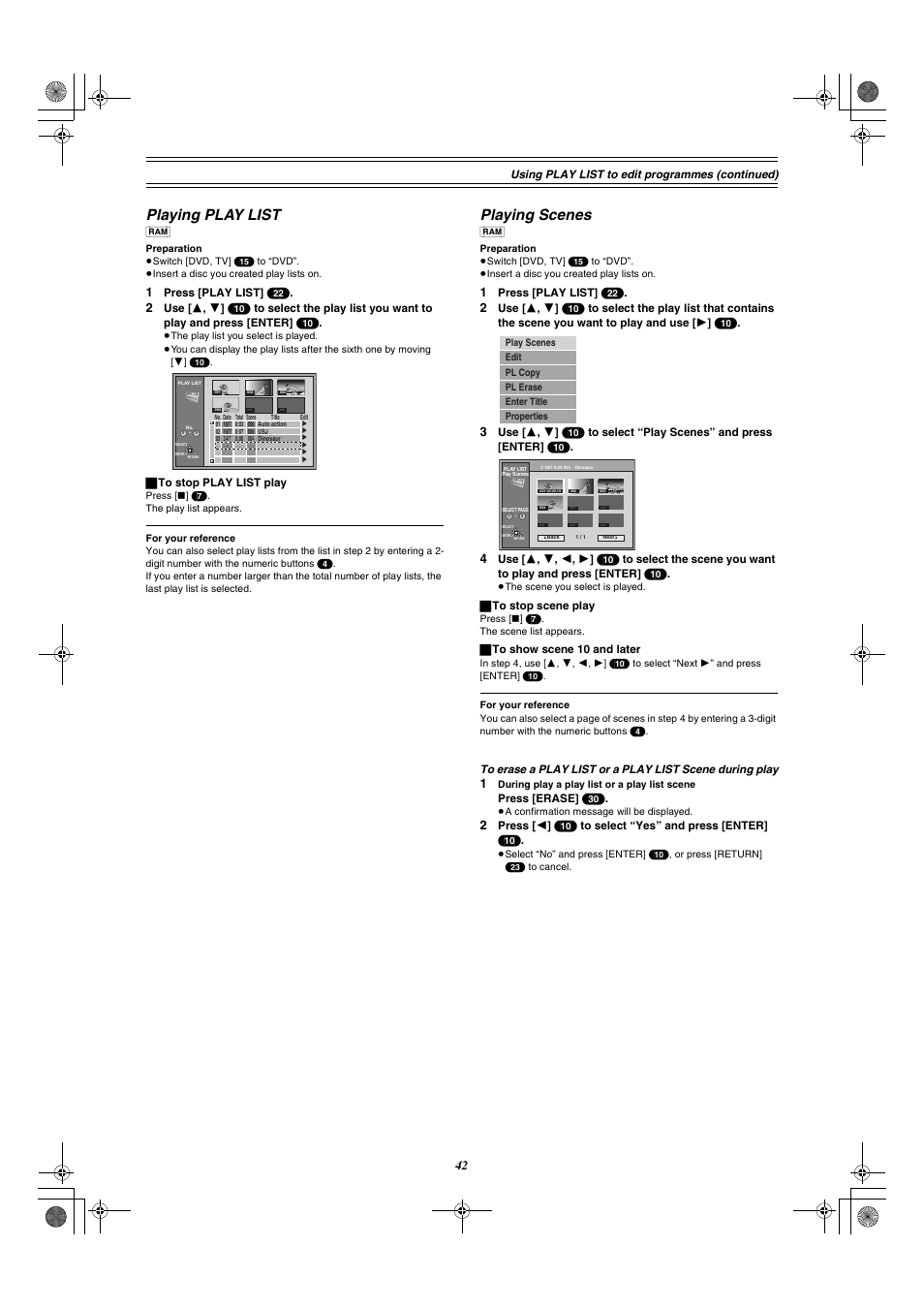 Playing play list playing scenes, Playing play list, Playing scenes | Panasonic DMR-E30 User Manual | Page 42 / 76