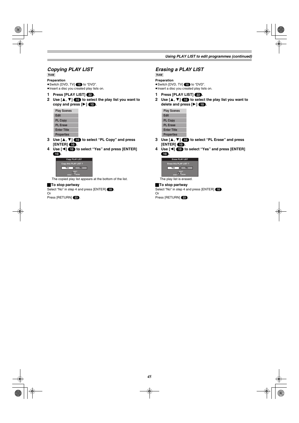 Copying play list erasing a play list, Copying play list, Erasing a play list | Panasonic DMR-E30 User Manual | Page 45 / 76