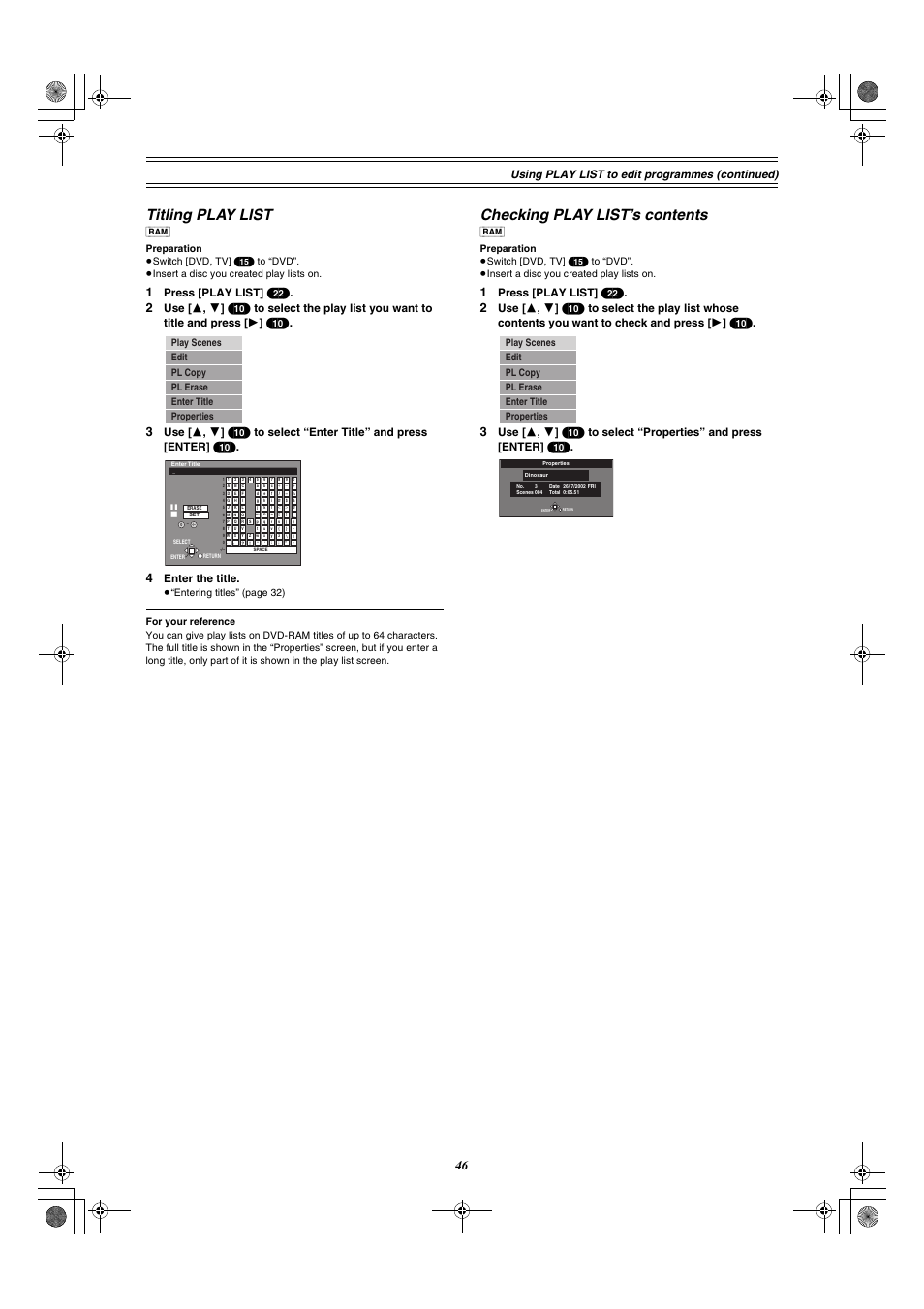 Titling play list checking play list’s contents, Titling play list, Checking play list’s contents | Using play list to edit programmes (continued), Press [play list] (22), Enter the title | Panasonic DMR-E30 User Manual | Page 46 / 76