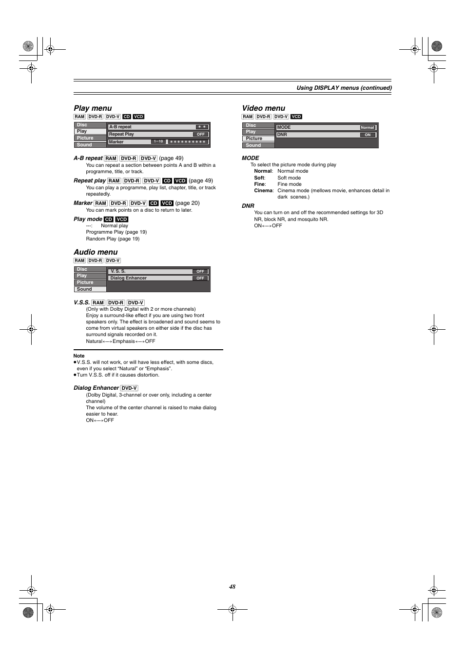 Play menu audio menu video menu, Play menu, Audio menu | Video menu | Panasonic DMR-E30 User Manual | Page 48 / 76