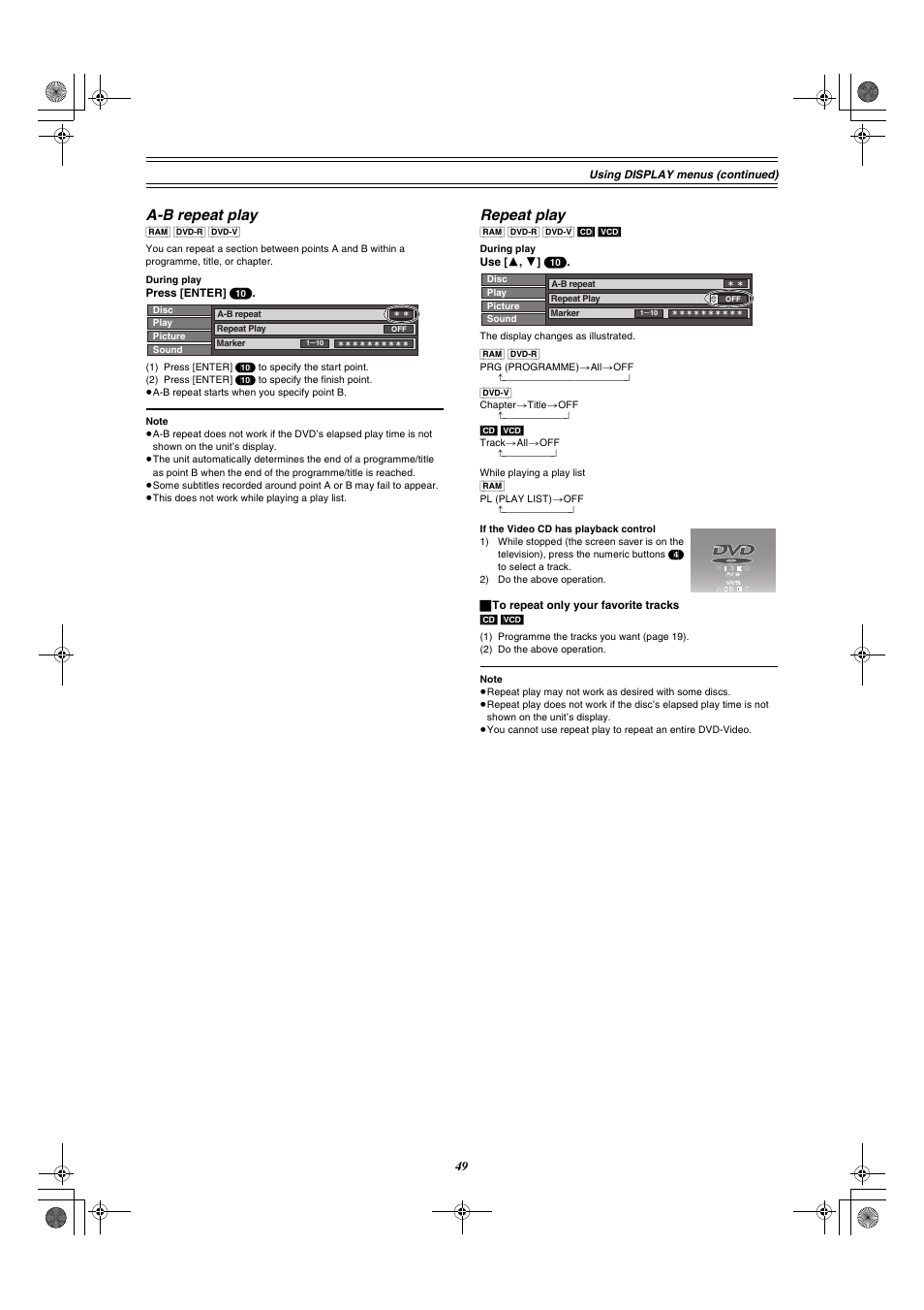 A-b repeat play repeat play, Ge 49), A-b repeat play | Repeat play | Panasonic DMR-E30 User Manual | Page 49 / 76