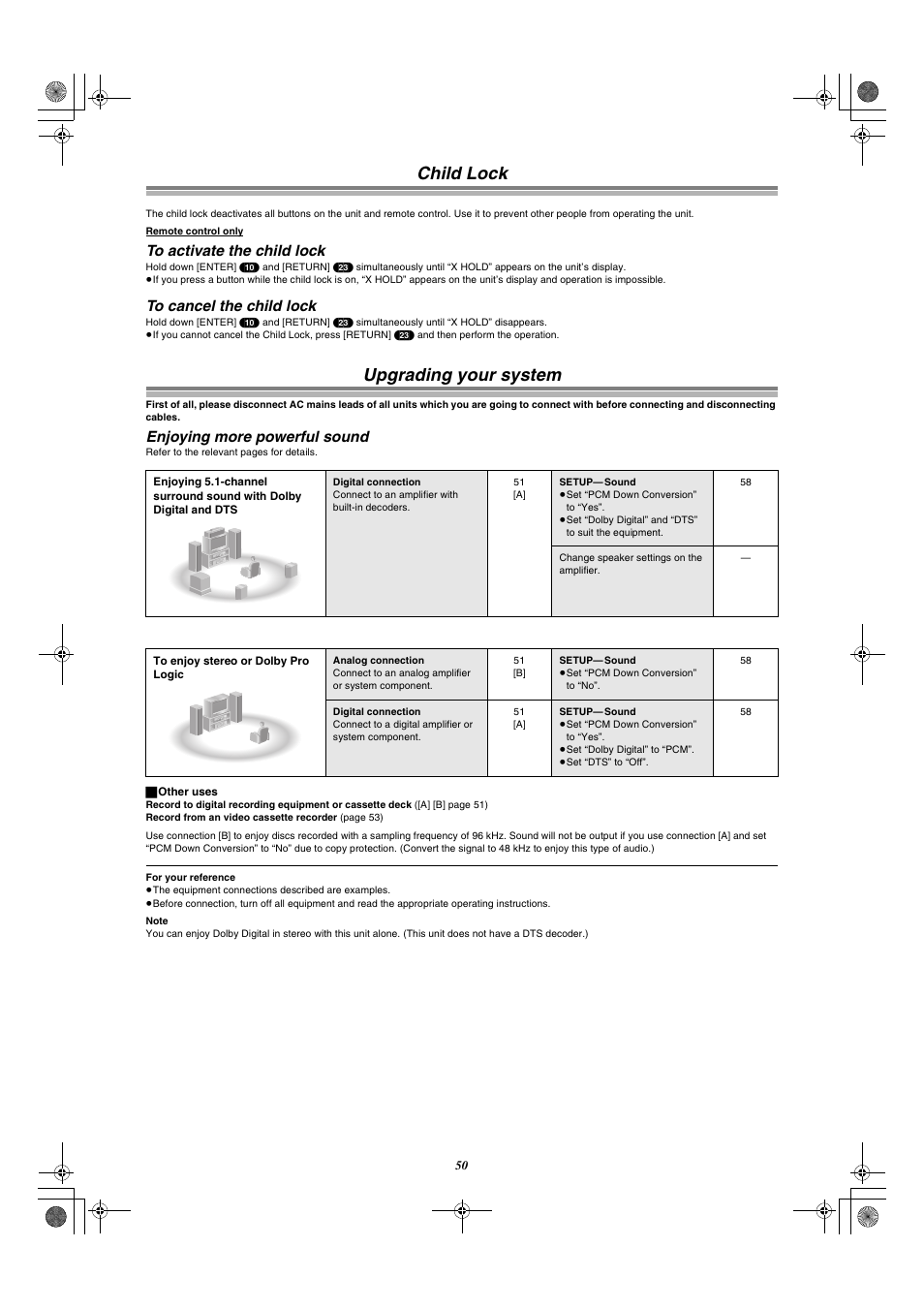 50 and 66), 50 and, Child lock | Upgrading your system, Enjoying more powerful sound | Panasonic DMR-E30 User Manual | Page 50 / 76