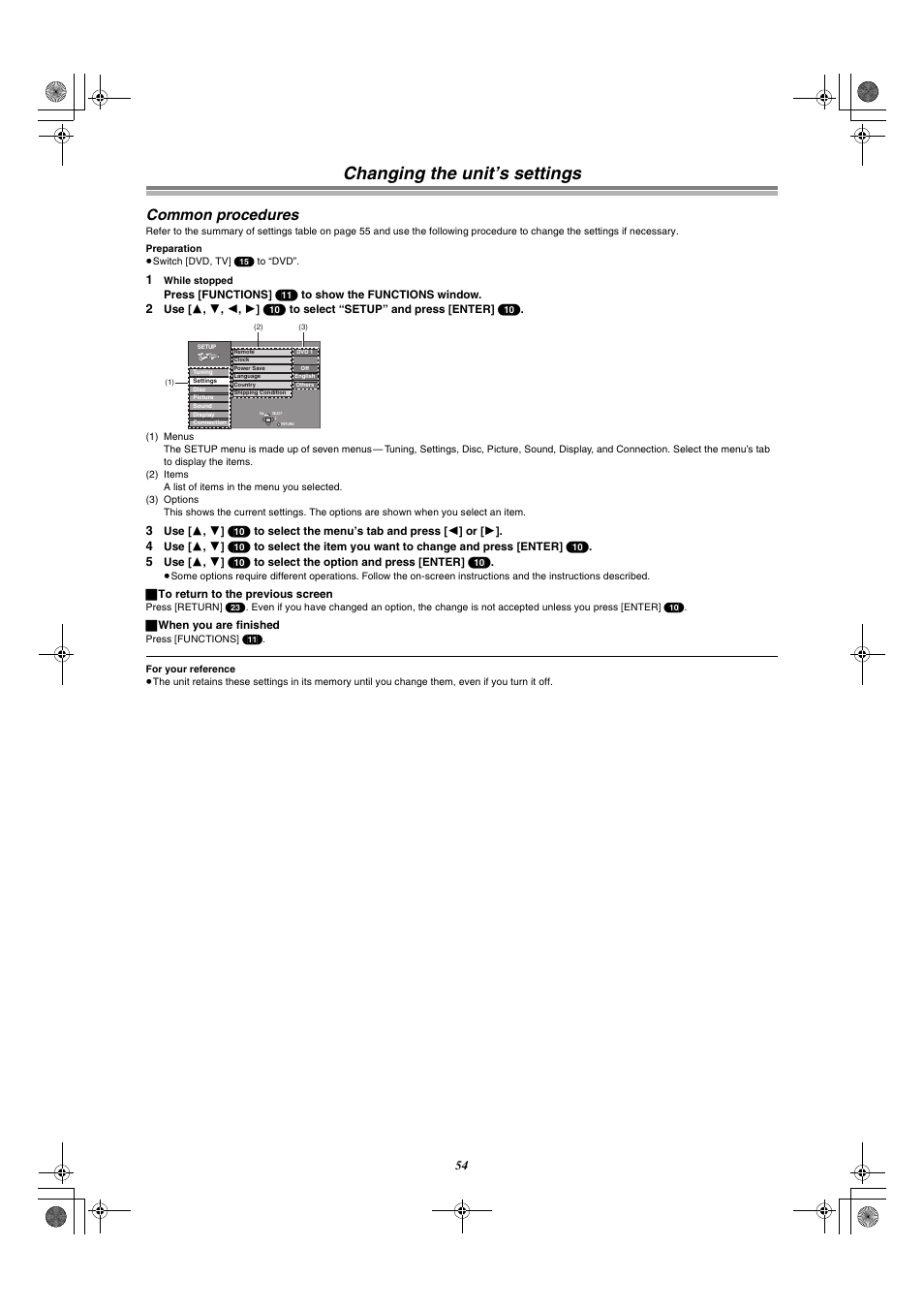 Changing the unit’s settings common procedures, Changing the unit’s settings, Common procedures | Panasonic DMR-E30 User Manual | Page 54 / 76