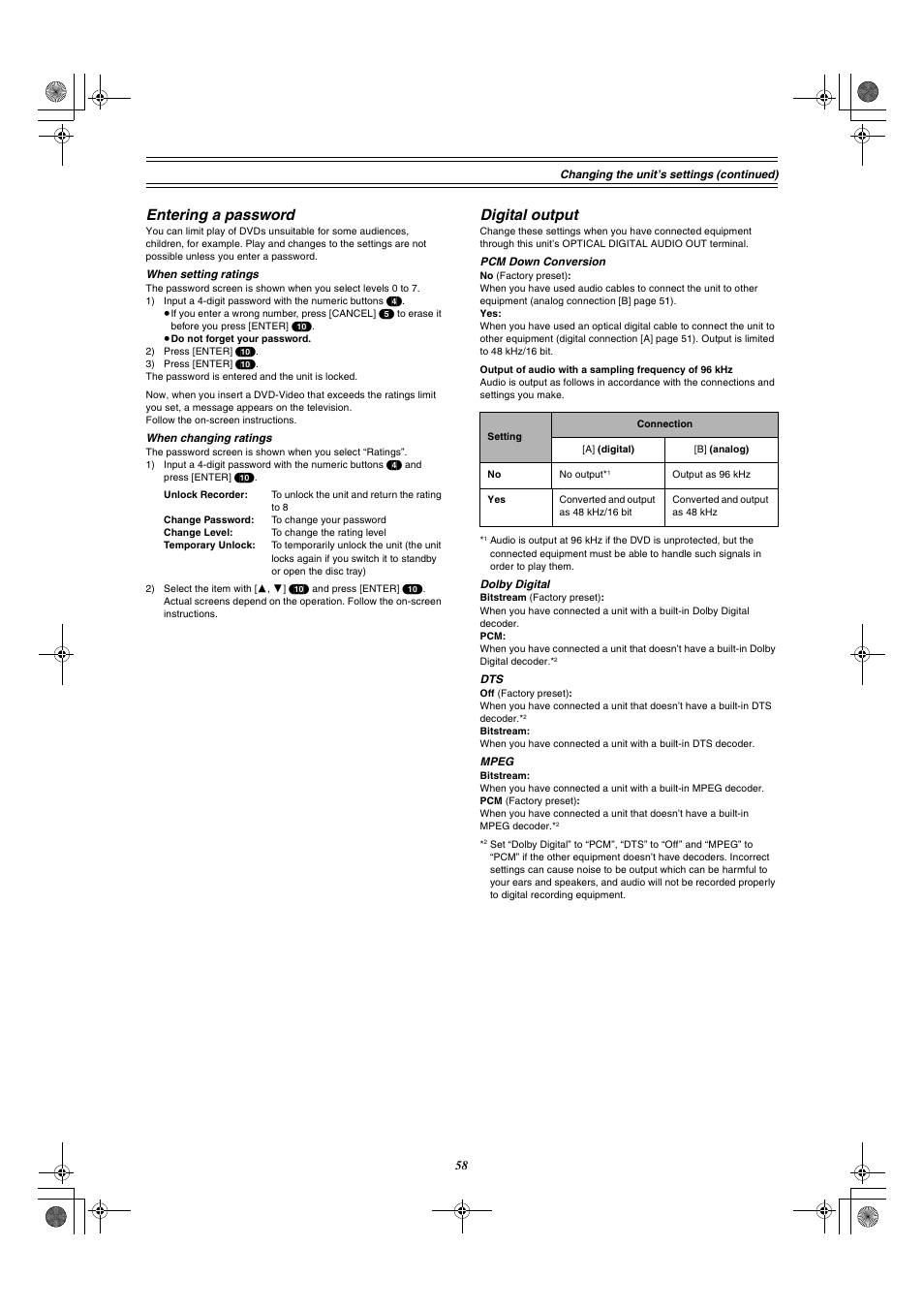 Entering a password digital output, Entering a password, Digital output | Panasonic DMR-E30 User Manual | Page 58 / 76