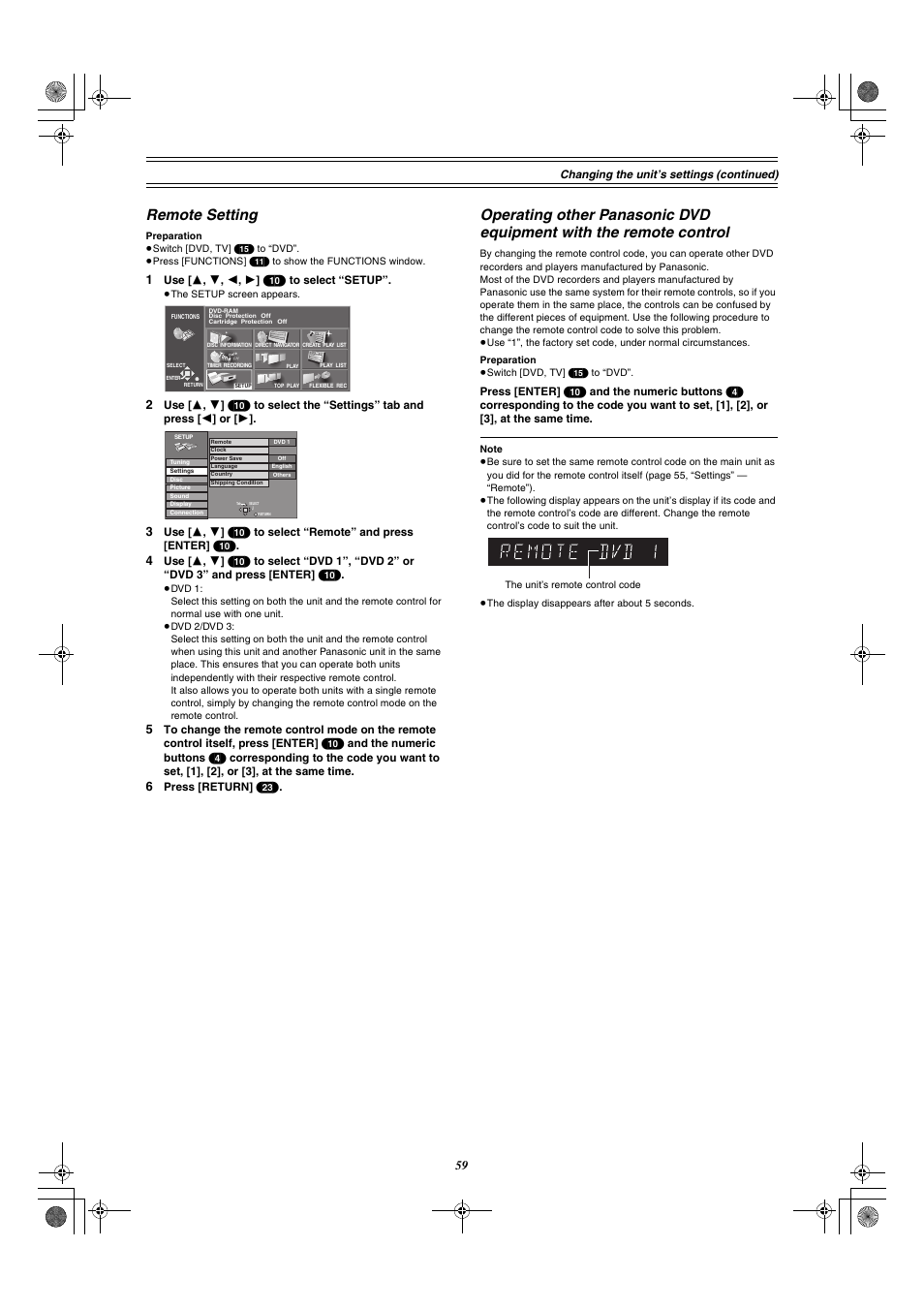 The remote control, Remote setting | Panasonic DMR-E30 User Manual | Page 59 / 76