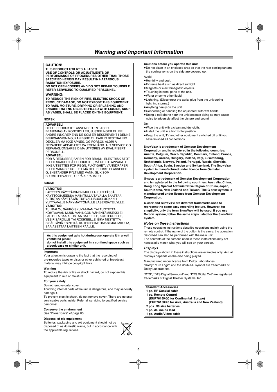 Warning and important information | Panasonic DMR-E30 User Manual | Page 6 / 76