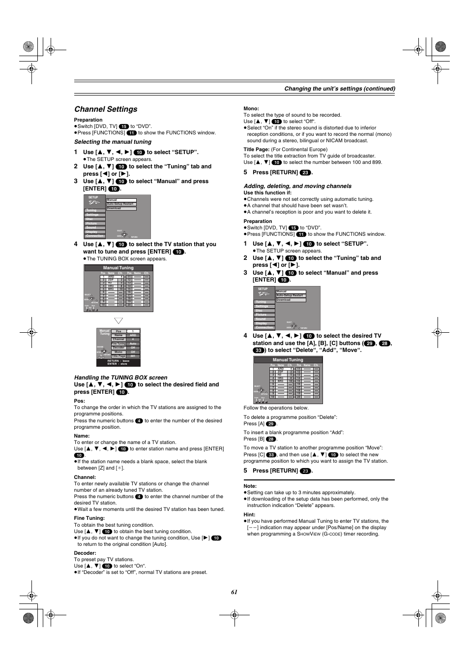 Channel settings, E 61 | Panasonic DMR-E30 User Manual | Page 61 / 76