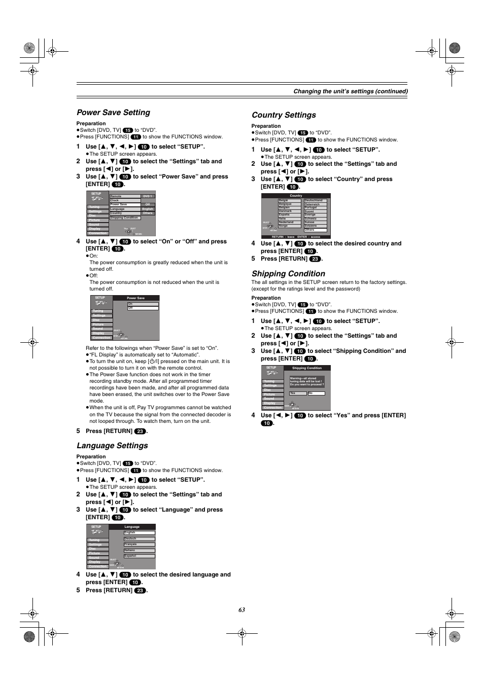 Power save setting, Language settings, Country settings | Shipping condition | Panasonic DMR-E30 User Manual | Page 63 / 76