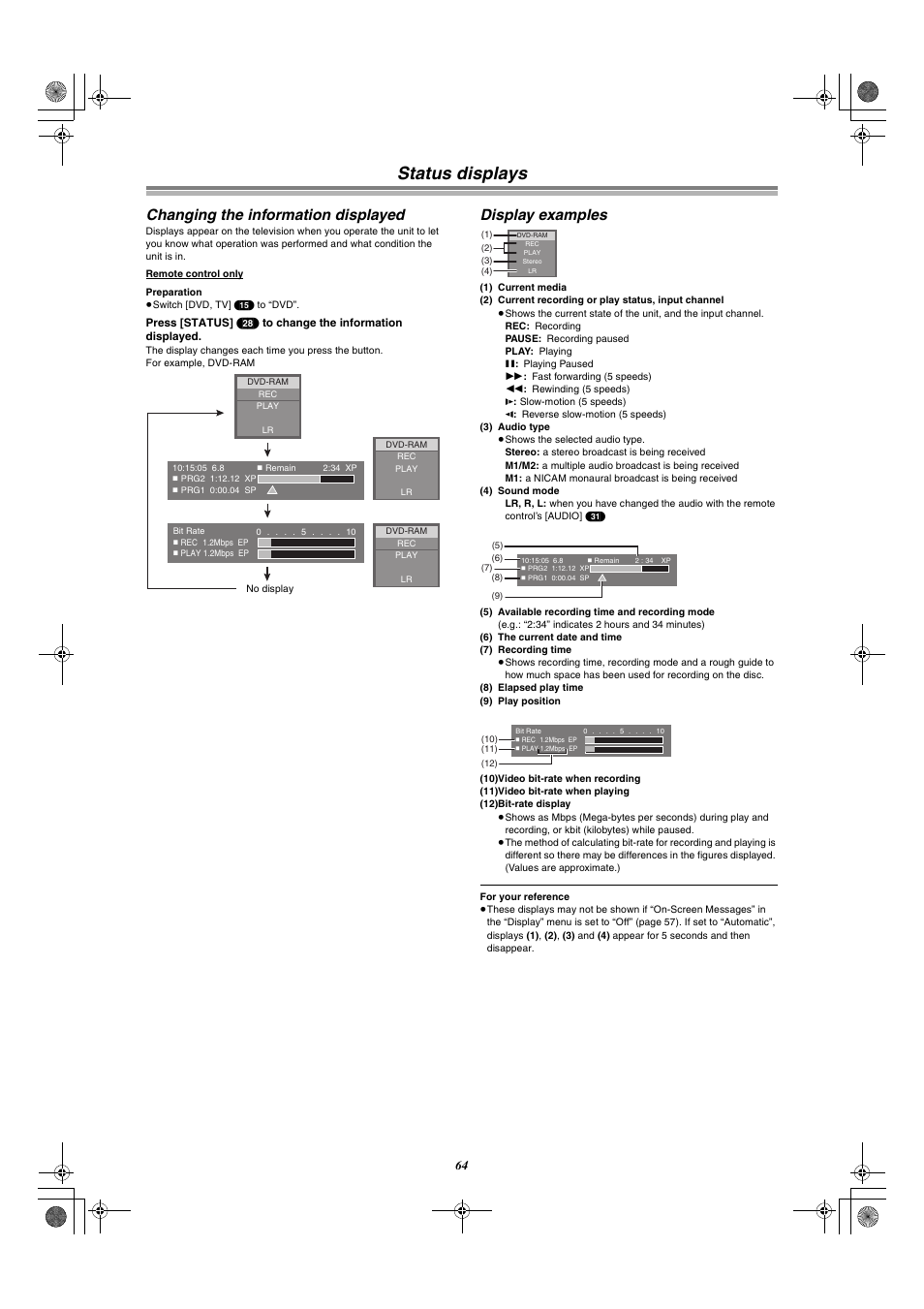 Status displays, Changing the information displayed, Display examples | Panasonic DMR-E30 User Manual | Page 64 / 76