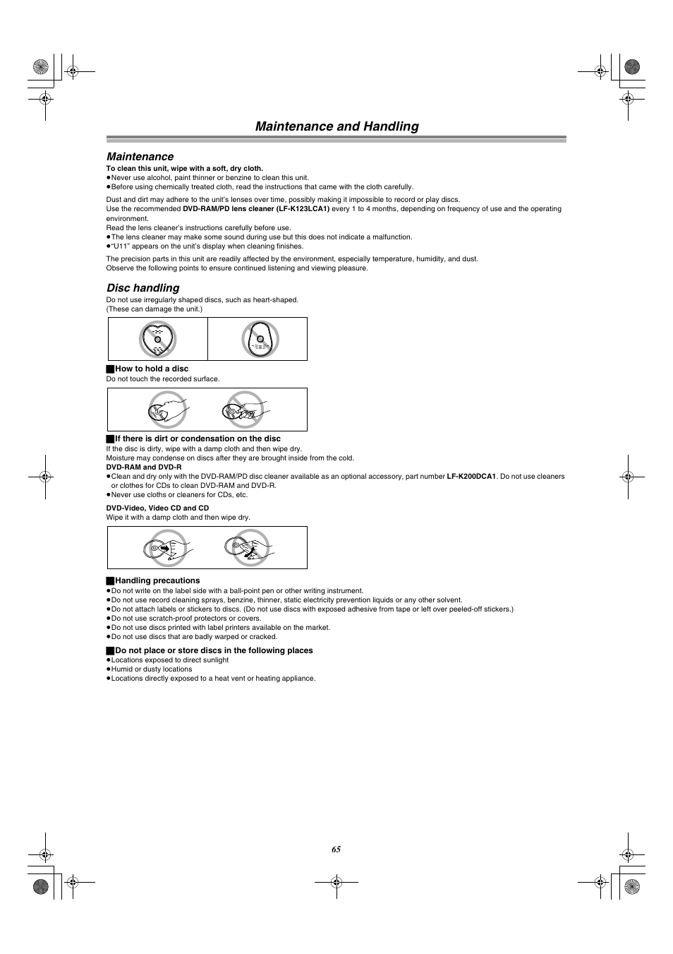 Maintenance and handling maintenance disc handling, Maintenance and handling, Maintenance | Disc handling | Panasonic DMR-E30 User Manual | Page 65 / 76