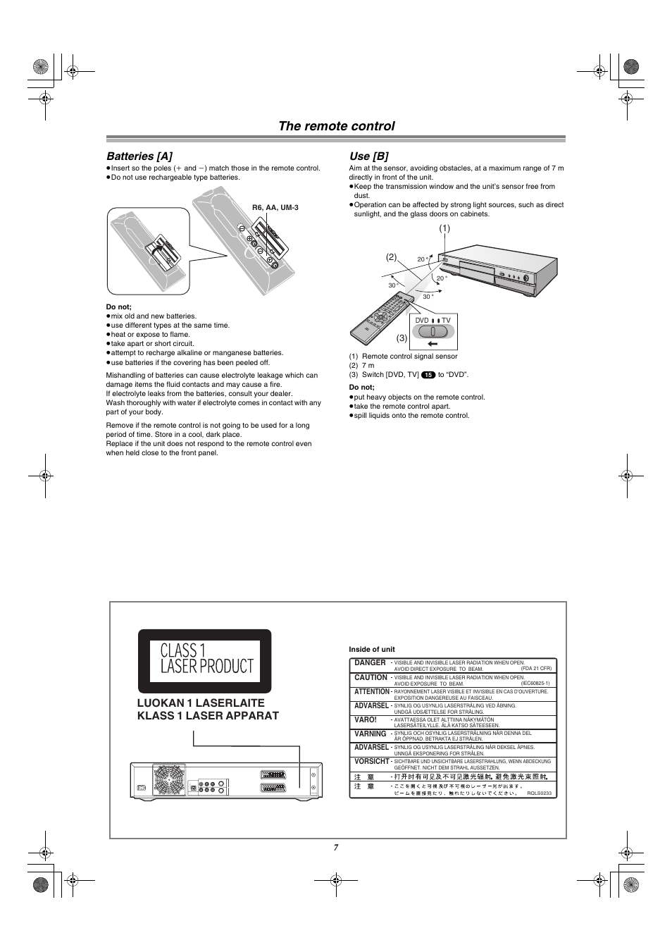 The remote control batteries [a] use [b, The remote control, Luokan 1 laserlaite klass 1 laser apparat | Batteries [a, Use [b | Panasonic DMR-E30 User Manual | Page 7 / 76
