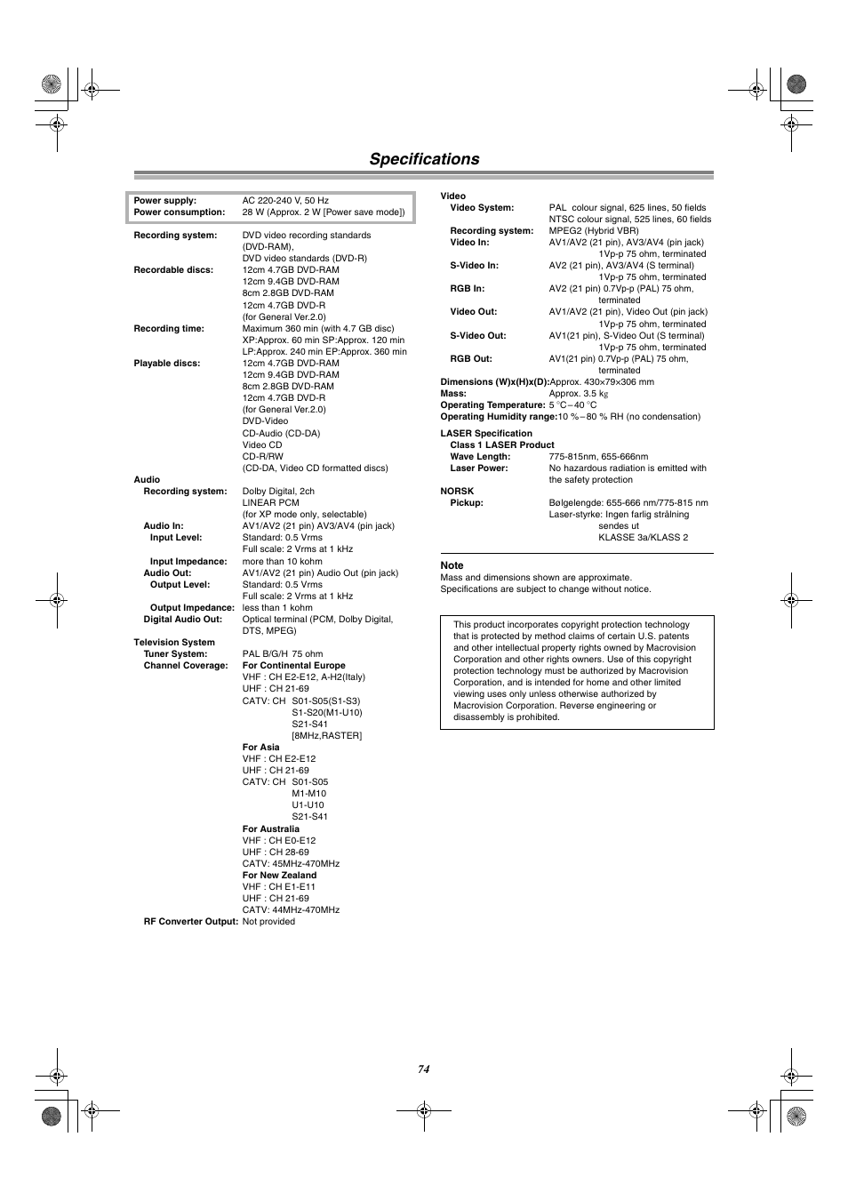 Specifications | Panasonic DMR-E30 User Manual | Page 74 / 76