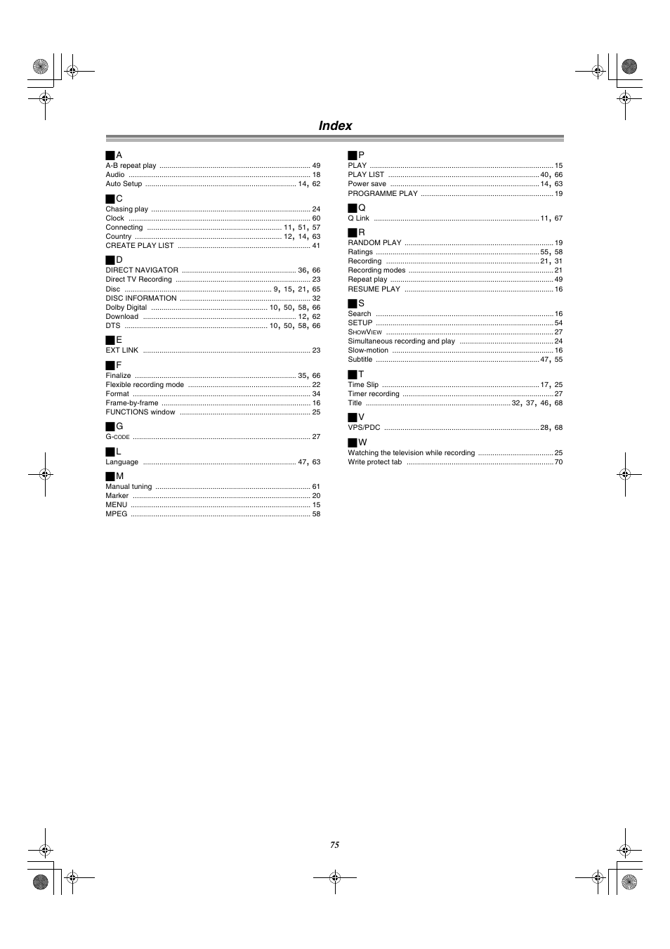 Index | Panasonic DMR-E30 User Manual | Page 75 / 76