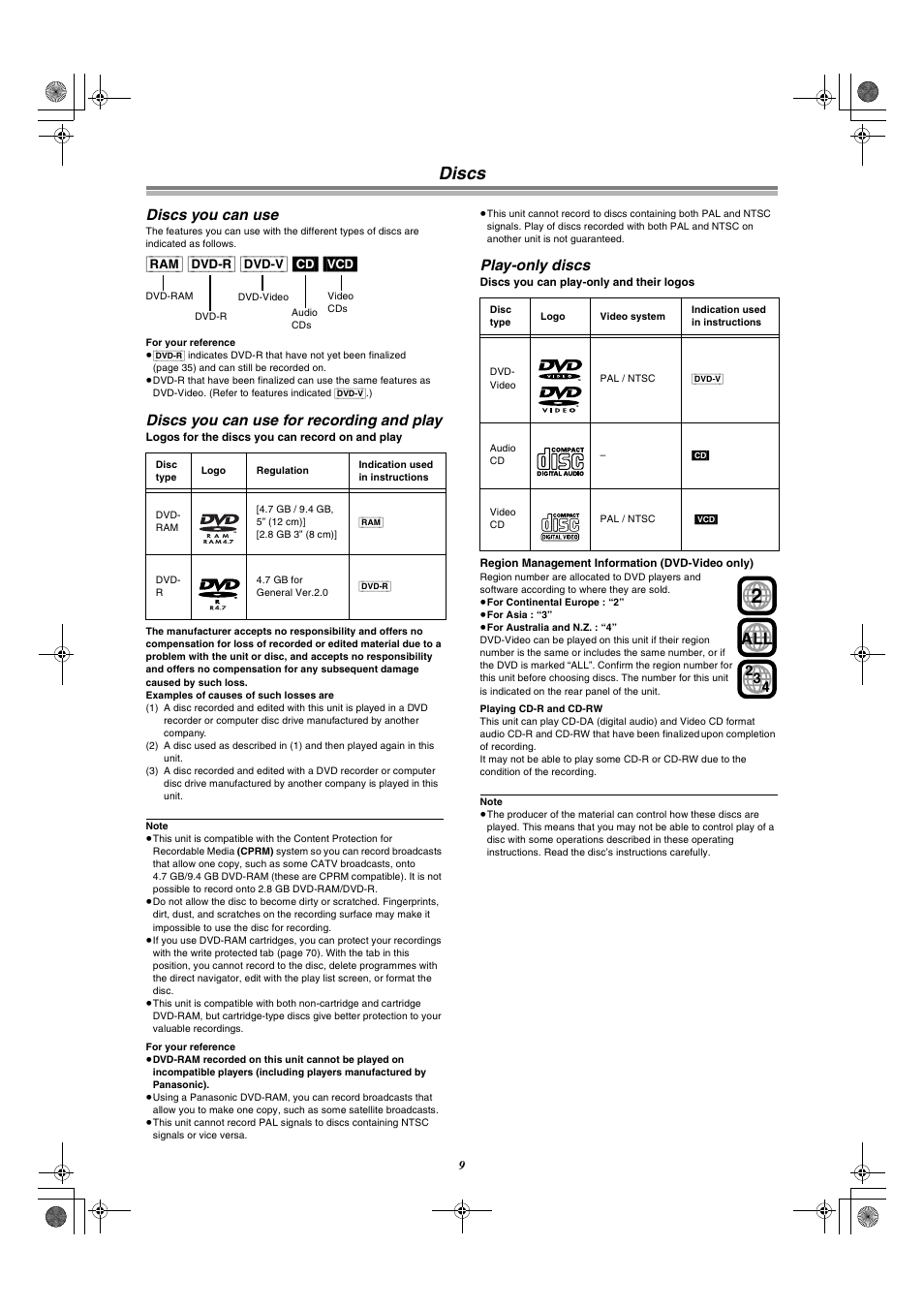 Discs, Discs you can use, Ram] [dvd-r] [dvd-v] [cd] [vcd | Discs you can use for recording and play, Play-only discs | Panasonic DMR-E30 User Manual | Page 9 / 76