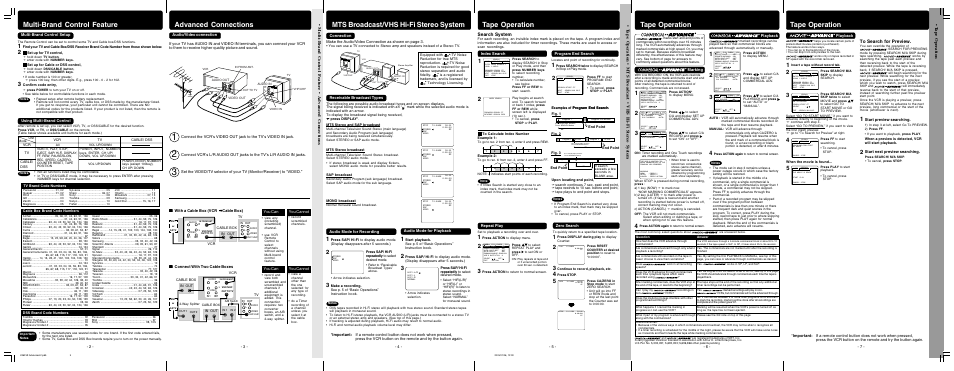 Tape operation, Advanced connections, Multi-brand control feature | Mts broadcast/vhs hi-fi stereo system, Search system, T a pe opera tion | Panasonic PV-V4623S User Manual | Page 10 / 12