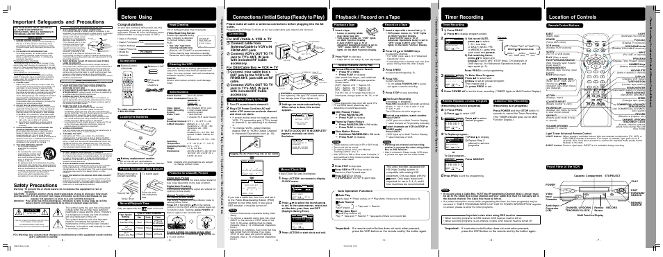 Important safeguards and precautions, Before using, Location of controls | Timer recording, Playback / record on a tape, Connections / initial setup (ready to play), Safety precautions, Front view of the vcr | Panasonic PV-V4623S User Manual | Page 2 / 12